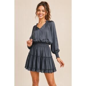 Reset By Jane Frankie Dress Navy Satin Smocked Mini Long Sleeve Size Small